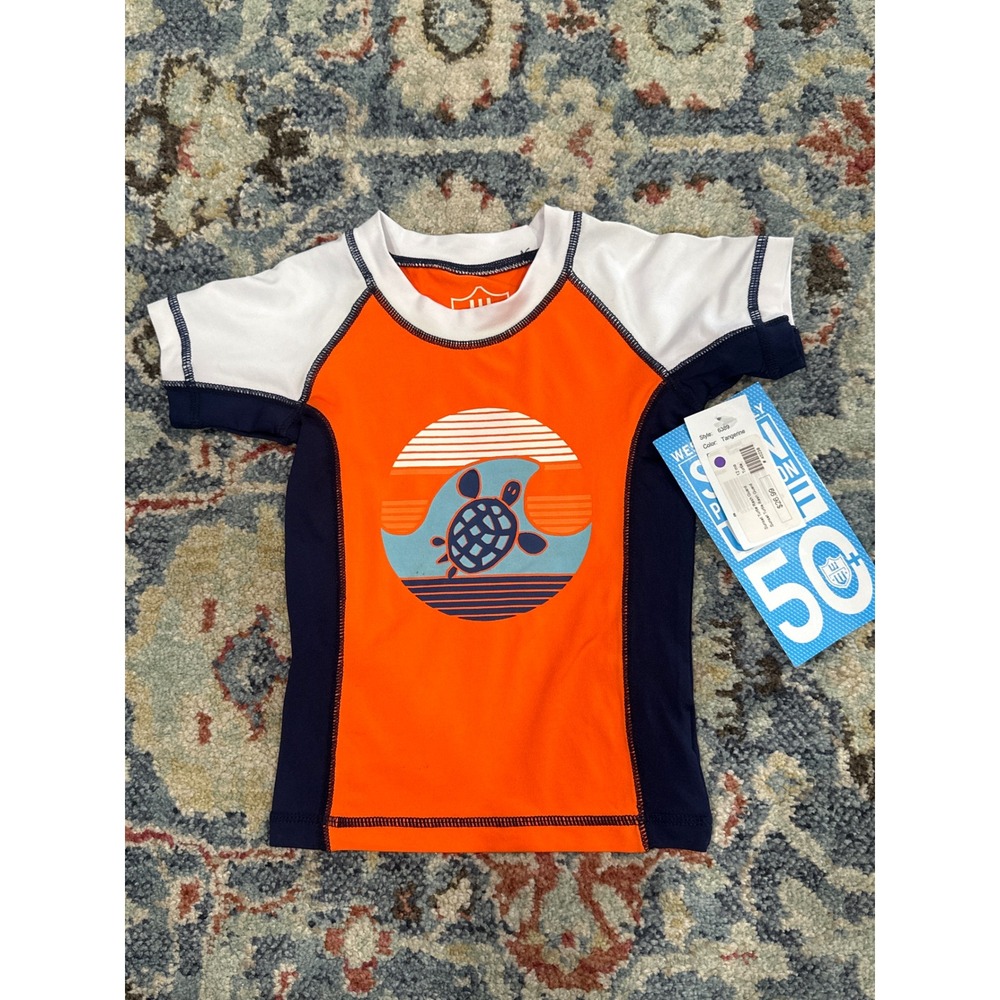 Wes And Willy Rash Guard Boys 12M Orange Navy Sea Turtle UPF 50+ NWT